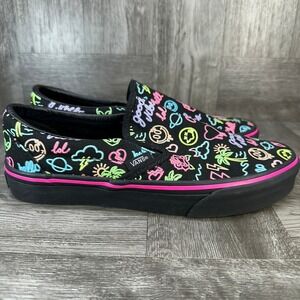 Vans Slip-On Women 7.5 Glow in the Dark Neon Doodle Black Pink NEW 721356